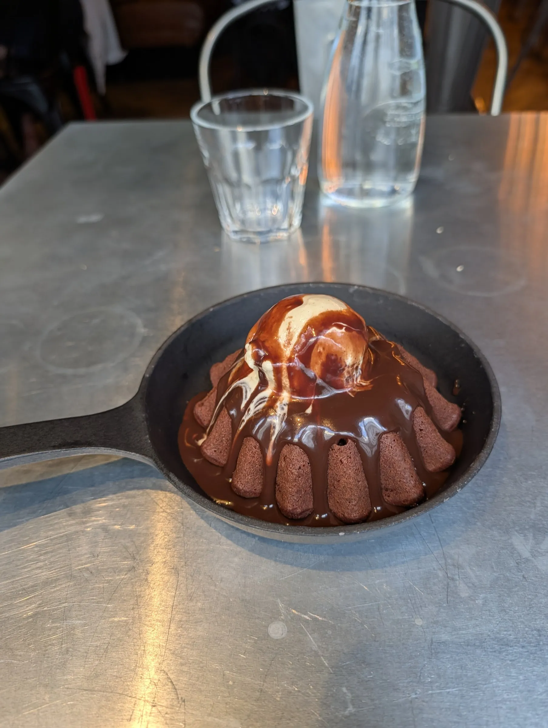 Chocolate dessert in a skillet to finish, and the meal was on the house