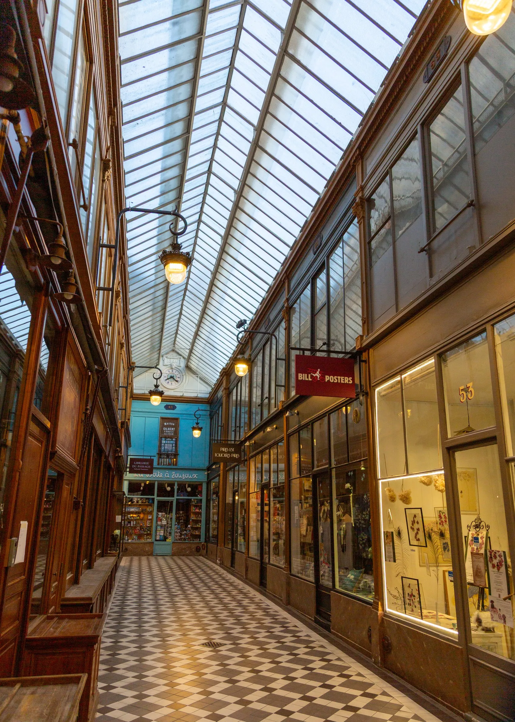 Checkerboard floor and glass roof in Passage Verdeau