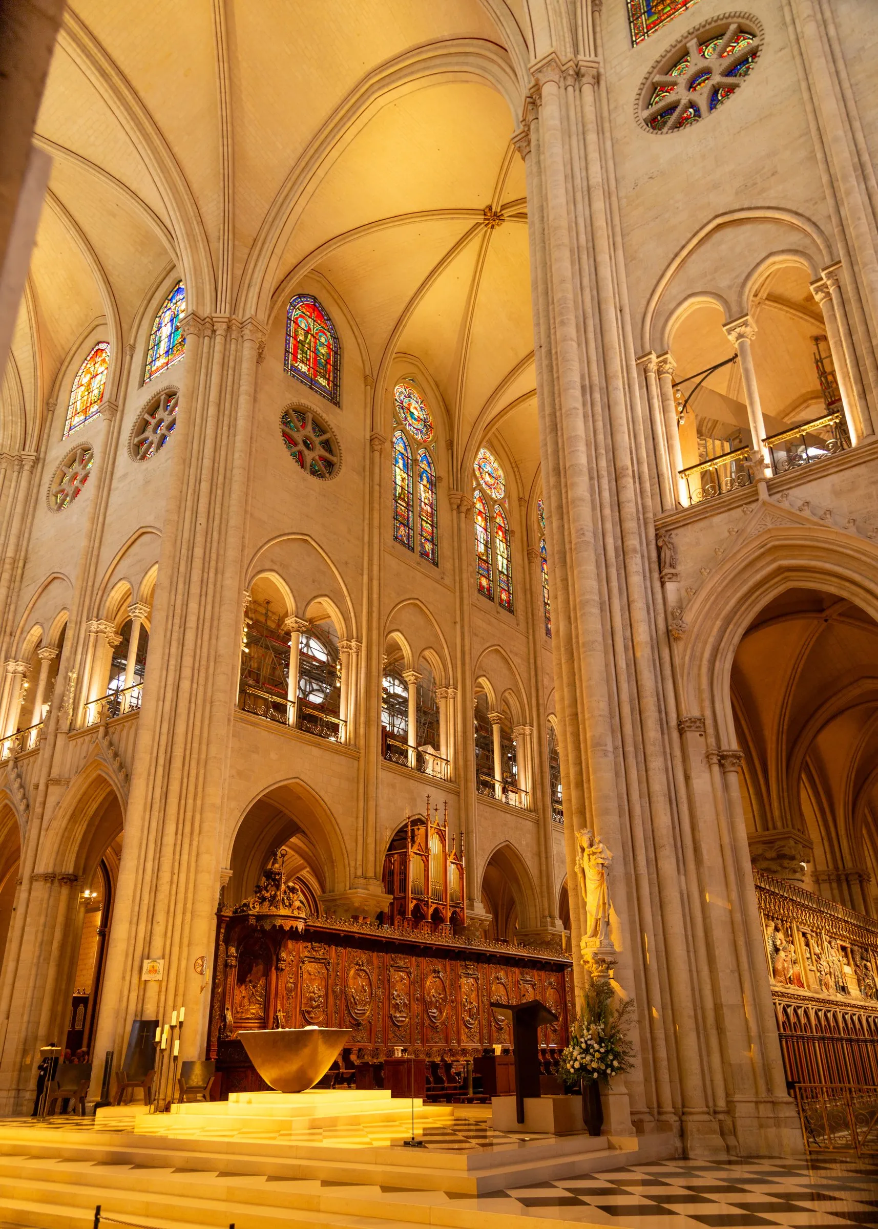 The choir in the rebuilt cathedral, clean stone and gold