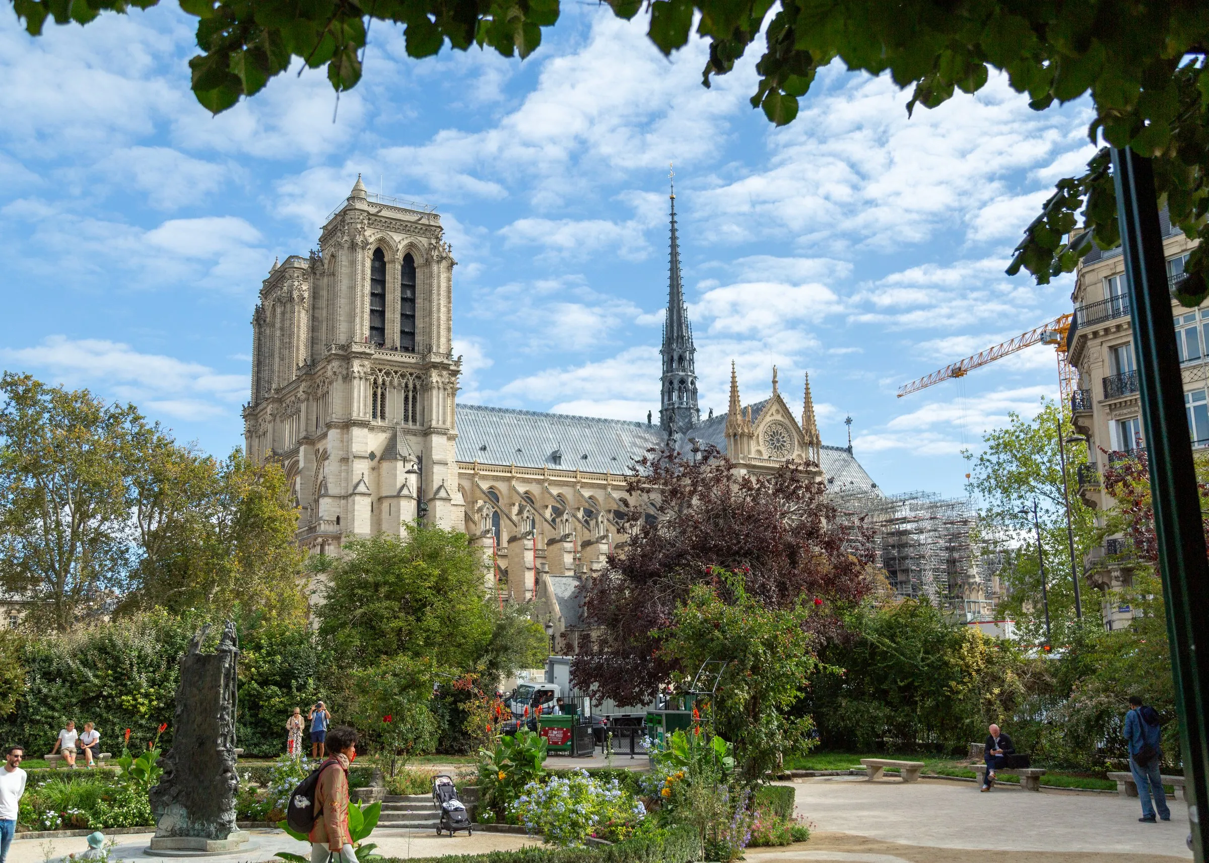 Notre-Dame's new spire from the garden behind the cathedral