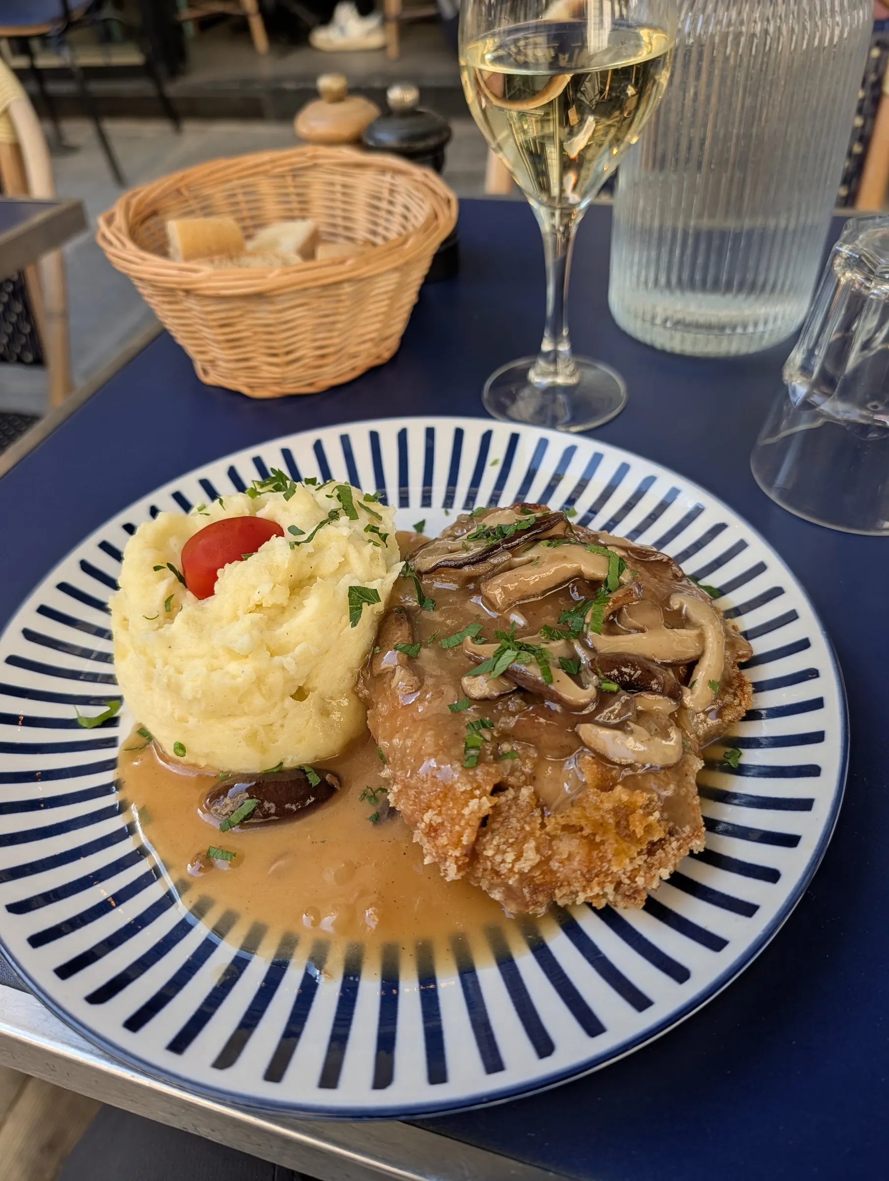 The daily special at Les Ambassades: chicken cutlet, mushroom sauce, mash and a glass of white