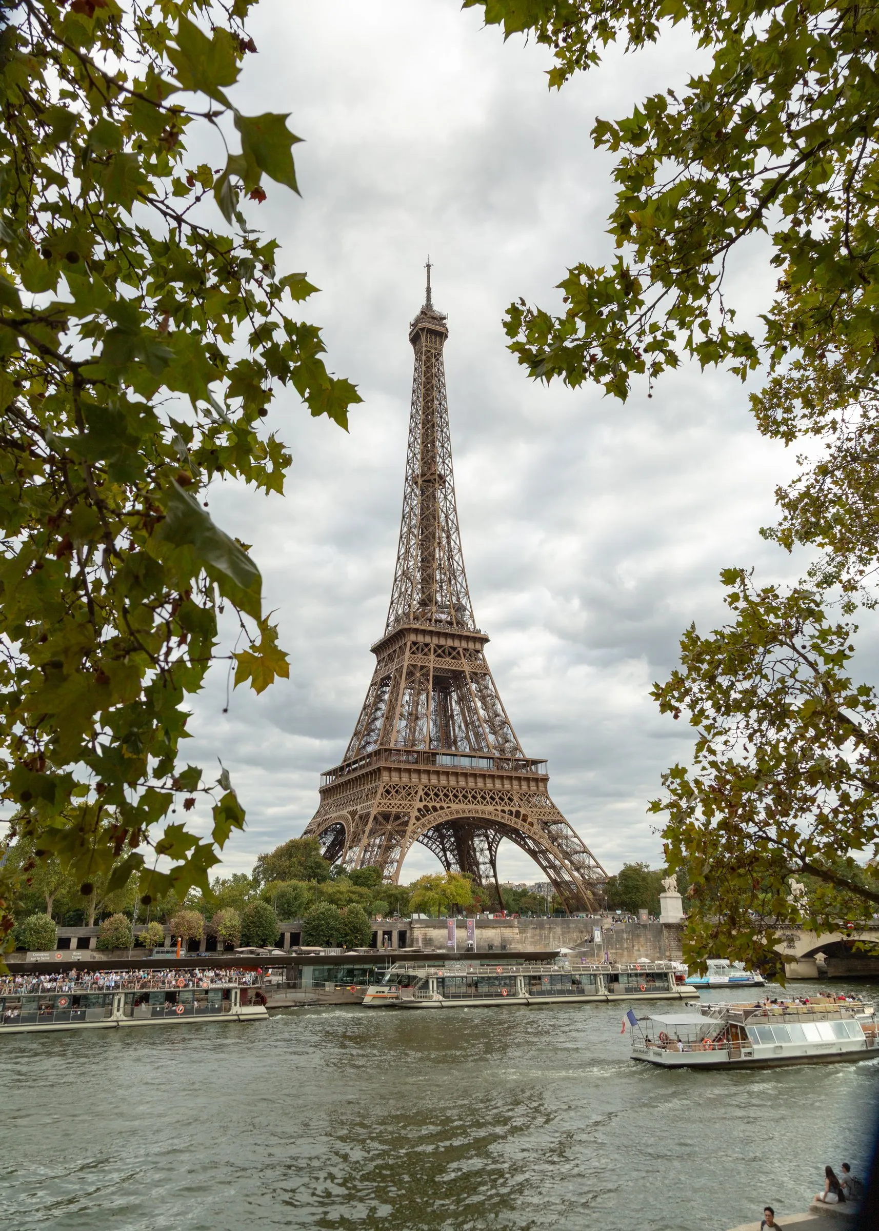 The tower over the Seine, framed by trees