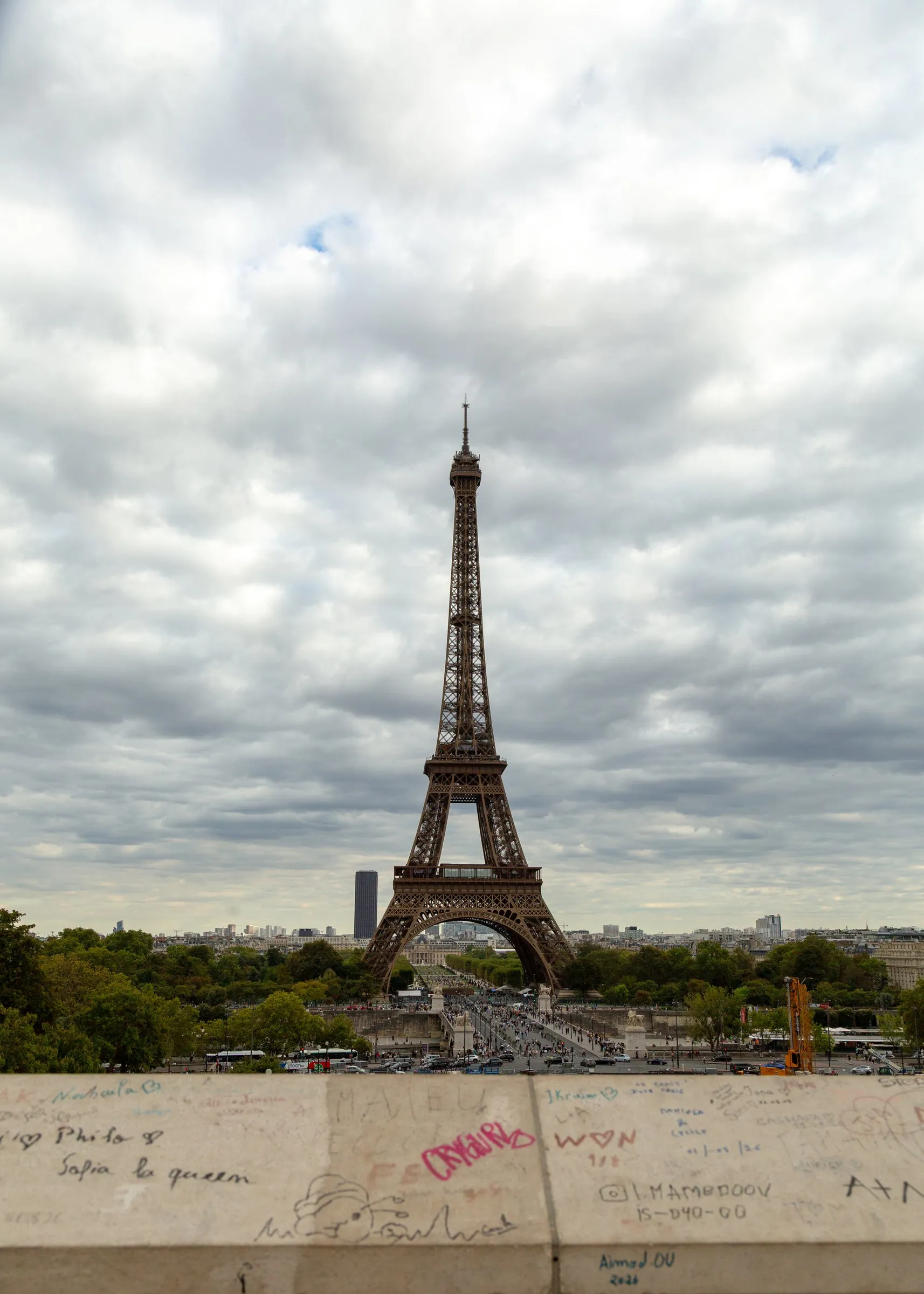 The classic view from the Trocadéro, over the graffiti-covered wall