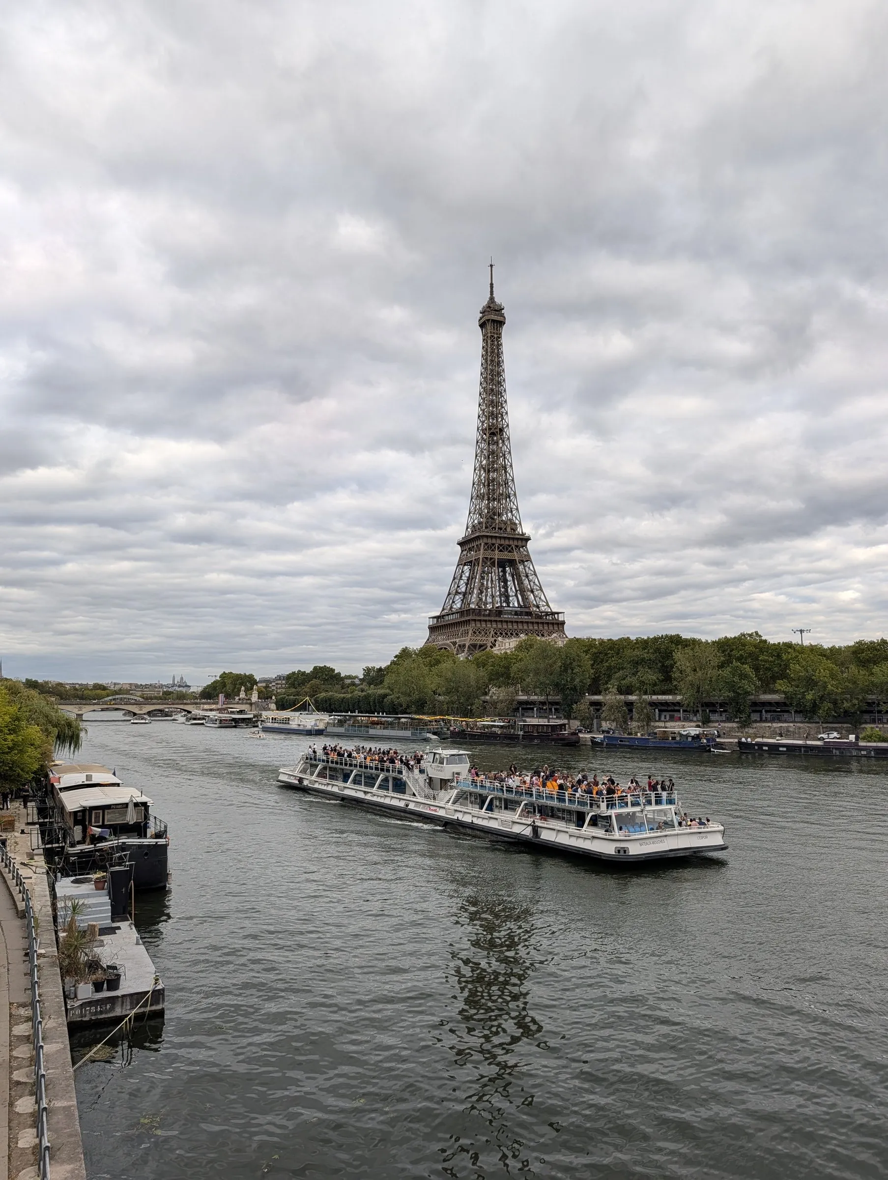A bateau-mouche below the tower from Pont de Bir-Hakeim