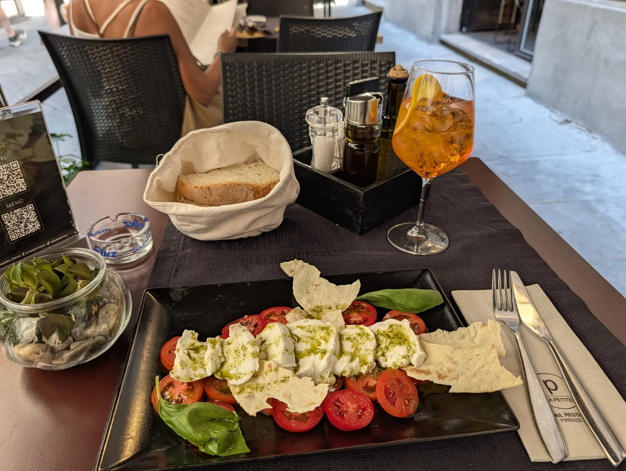 First Italian lunch: burrata, tomatoes and a spritz