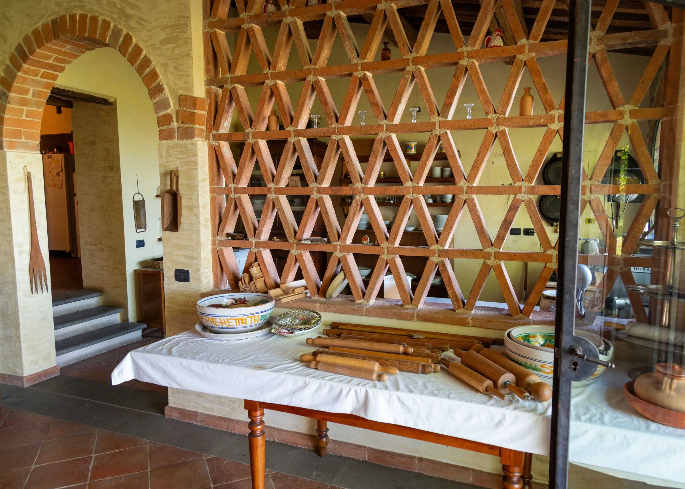 Rolling pins and bowls set out for the pasta class