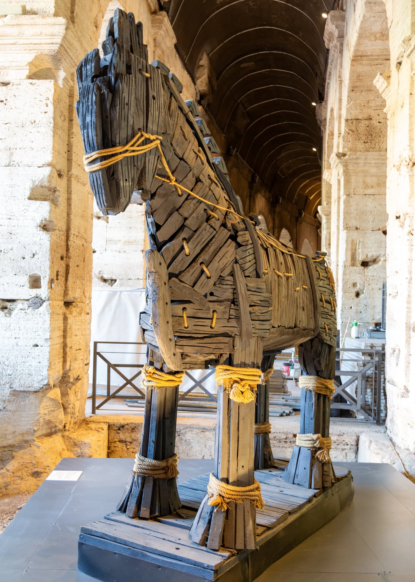 A Trojan horse sculpture on display in the Colosseum